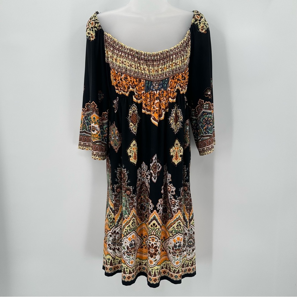 Muse Boston Proper Dress Womens 6 Black Stretch Bell Slv Babydoll Boho Peasant